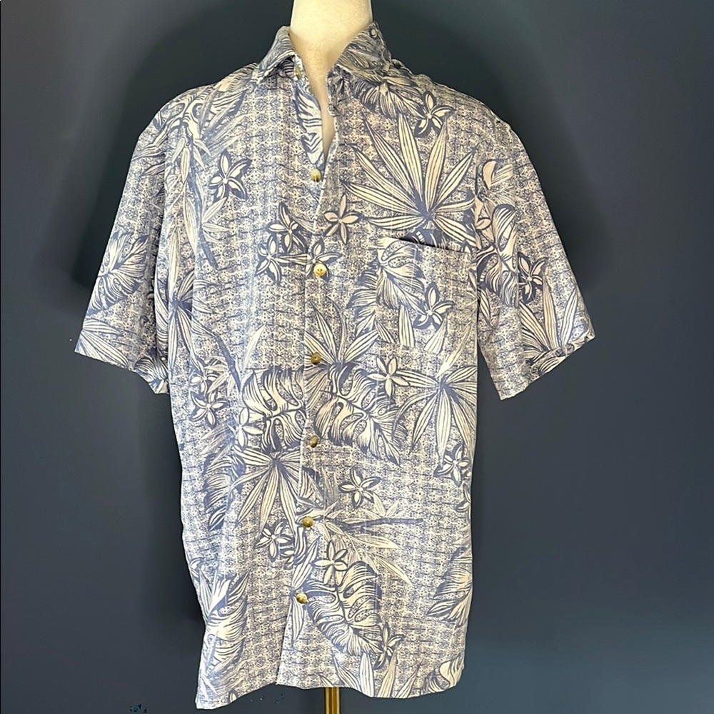 Van Heusen MENS batik blue/white Hawaiian button down short sleeve shirt 15.5 M